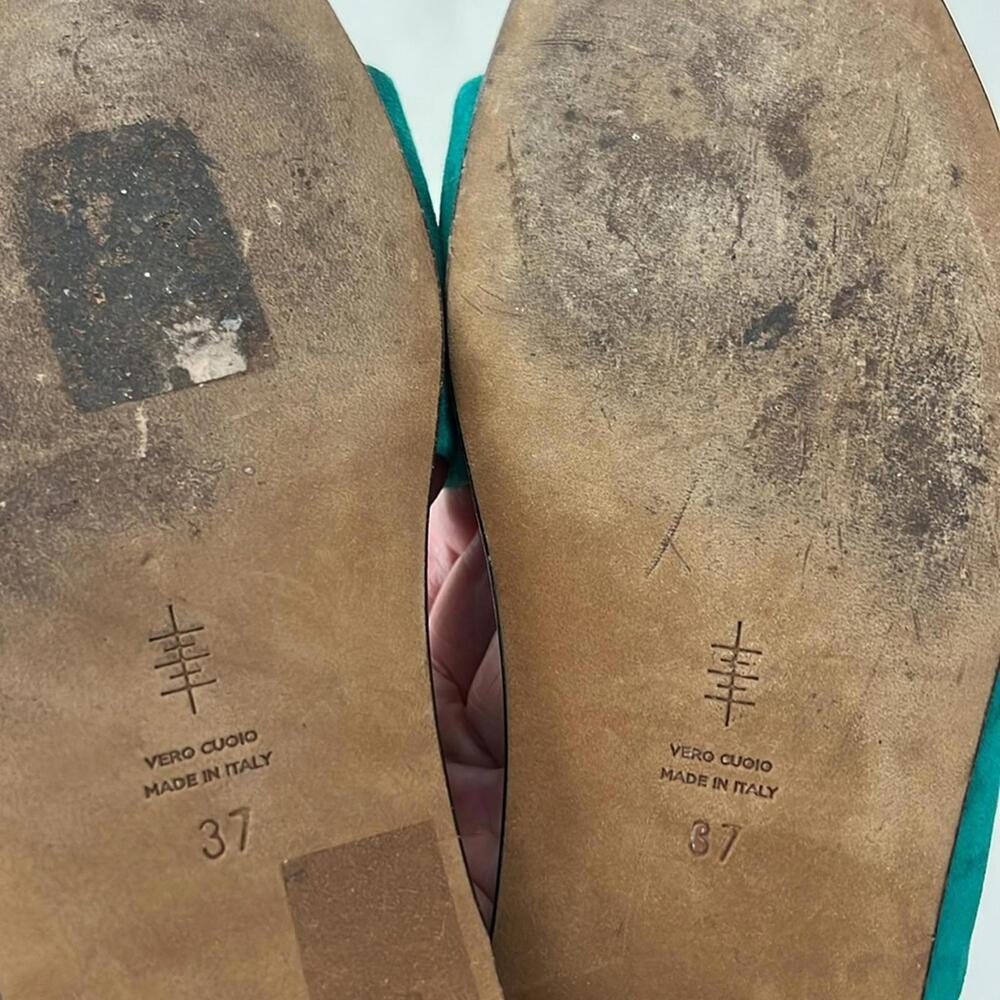 ALUMNAE Italian Suede Teal Asymmetric Sandals EU 37 $425 - Picture 7 of 7